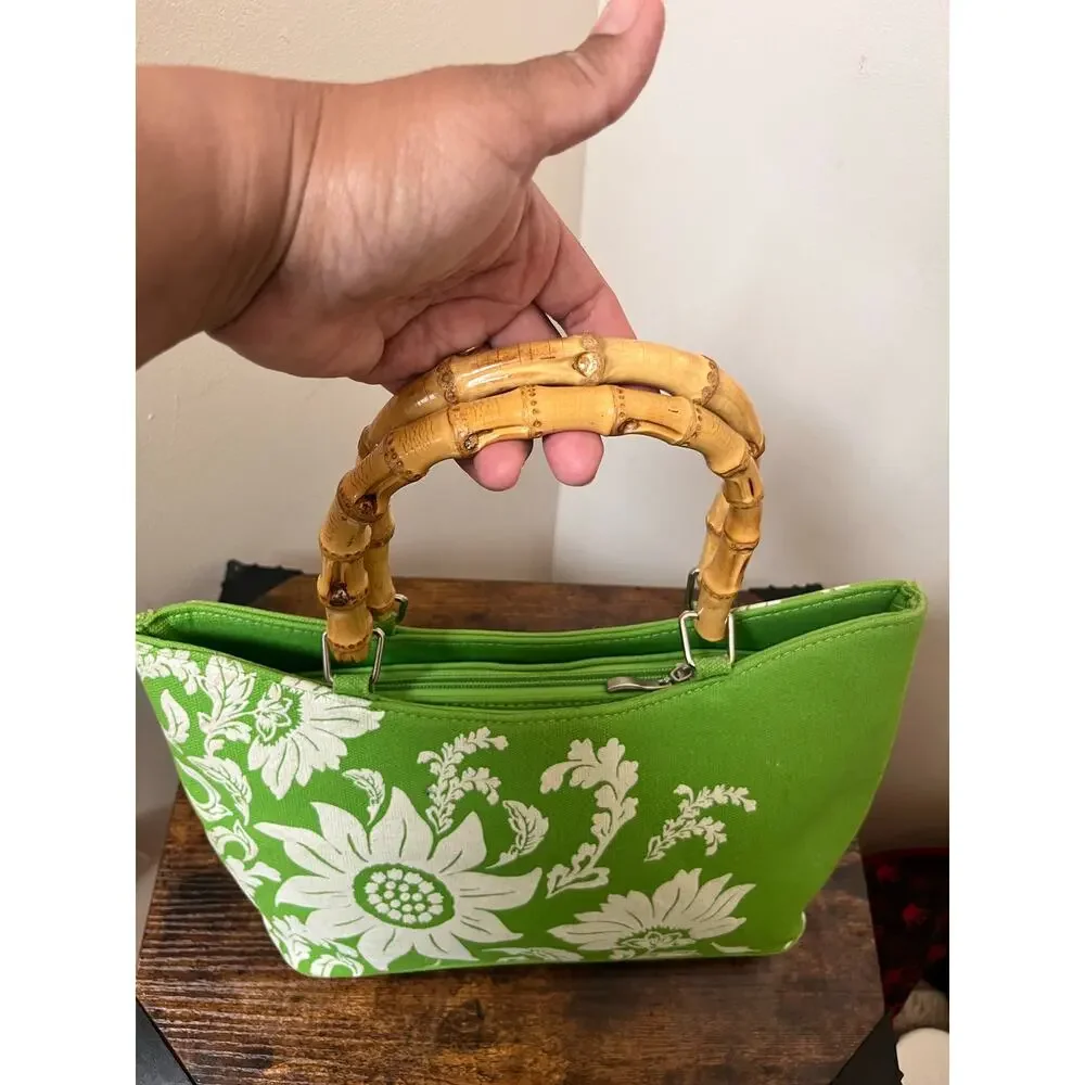 Vintage Kate Spade Flaw Green White Floral Bamboo Handles Rhinestones Detail Bag